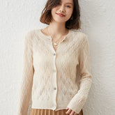 Women’s Cashmere Wool Pointelle Lightweight Crew Neck Knit Sweater Cardigan