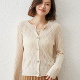 Women’s Cashmere Wool Pointelle Lightweight Crew Neck Knit Sweater Cardigan