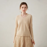 Women’s V-Neck Cashmere Textured Knit Cashmere Wool Pullover Sweater