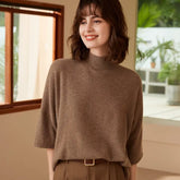Women’s 100% Cashmere Mock Neck Three-Quarter Sleeve Sweater