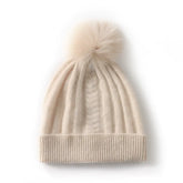 100% Cashmere Beanie Soft Ribbed Knit Winter Hat with Fur Pom for Women