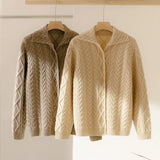 Women's 100% Cashmere Cable Knit Collared Cardigan Thick Jacket