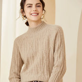 Women’s Cashmere Wool Mock Neck Cable Knit Sweater Thick Warm Pullover