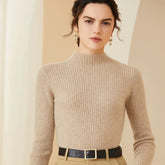 Women's Cashmere Wool Ribbed Knit Pullover Mock Neck Sweater