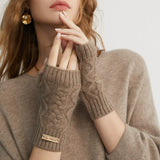 100% Cashmere Fingerless Gloves Cable Knit Arm Warmers with Ribbed Cuffs