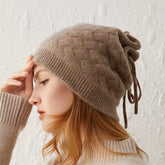 100% Cashmere Slouchy Beanie Knit Winter Hat with Adjustable Drawstring