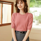 Women's 100% Cashmere Crew Neck Short Sleeve Knit Sweater