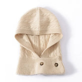 100% Cashmere Cable Knit Balaclava Hood Button Neck Warmer Hat