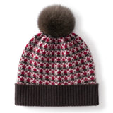 100% Cashmere Jacquard Pom Pom Beanie Hat Knit Winter Cap