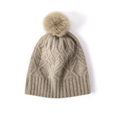 100% Cashmere Cable Knit Beanie with Fur Pom Pom Warm Winter Hat for Women