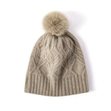 100% Cashmere Cable Knit Beanie with Fur Pom Pom Warm Winter Hat for Women