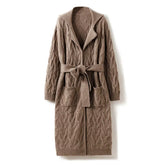 Women’s Cashmere Cable Knit Long Cardigan Coat Belted Mid-Length Sweater