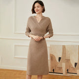 Women's Cashmere Wool Blend V Neck Sweater Dress Midi Knit Dress