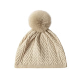 100% Cashmere Cable Knit Beanie Hat with Pom Pom Soft Winter Cap