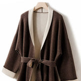 Women’s 100% Cashmere Belted Midi Coat Colorblock Wrap Coat