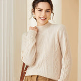 Women’s Cashmere Wool Mock Neck Cable Knit Thick Sweater