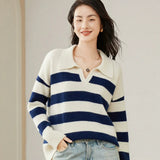 Women's Cashmere Wool Blend Striped Polo Loose-Fit Sweater