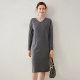 Women's Cashmere Wool Blend V Neck Knit Sweater Loose Fit Midi Dress