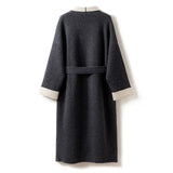 Women’s 100% Cashmere Belted Midi Coat Colorblock Wrap Coat