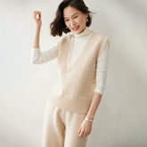 Women’s Fringed V-Neck Cashmere Wool Knit Vest Thick Sleeveless Sweater