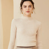 Women's Cashmere Wool Ribbed Knit Pullover Mock Neck Sweater