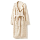 Women’s Cashmere Cable Knit Long Cardigan Coat Belted Mid-Length Sweater