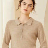 Women’s Cashmere Wool Button Collar Knit Pullover Polo Sweater