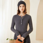 Women’s 100% Cashmere Ribbed Henley Slim Fit Crew Neck Pullover Sweater
