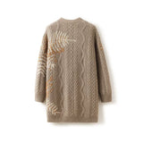 100% Cashmere Embroidered Long V-Neck Cable Knit Sweater Cardigan