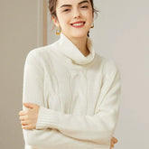 Women’s 100% Cashmere Cable Knit Turtleneck Relaxed Fit Sweater