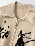 Women’s 100% Cashmere Jacquard Zip Cardigan Sweater with Wide Collar