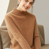 Women’s 100% Cashmere Warm Cable Knit Mock Neck Sweater