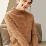 Women’s 100% Cashmere Warm Cable Knit Mock Neck Sweater