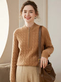 Women’s Cashmere Wool Cable Knit Half Zip Relaxed Knit Pullover Sweater