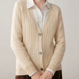 Women’s Cable Knit Cashmere V-Neck Button Front Sweater Cardigan