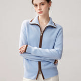 Women's 100% Cashmere Contrast Trim Zip-Up Cardigan with Collar