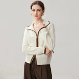 Women's 100% Cashmere Contrast Trim Zip-Up Cardigan with Collar