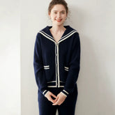 Women's 100% Cashmere Sailor Collar Cardigan with Contrast Trim