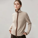 Women's 100% Cashmere Contrast Trim Zip-Up Cardigan with Collar