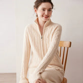 Women's Cashmere Thick Knit Zip-Up Cable Knit Collar Sweater Cardigan