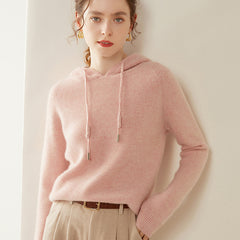 Women’s 100% Cashmere Knit Hoodie Lightweight Drawstring Pullover Sweater