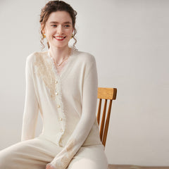 Women’s 100% Cashmere Lace Cardigan Elegant V Neck Knit Cardigan