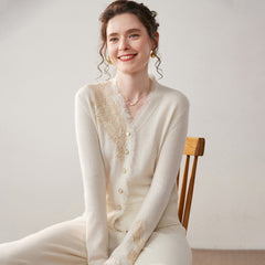 Women’s 100% Cashmere Lace Cardigan Elegant V Neck Knit Cardigan