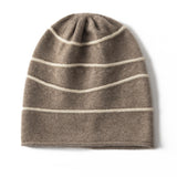 Luxury 100% Cashmere Beanie Women's Striped Knit Beanie Hat