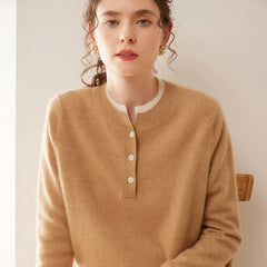Women’s 100% Cashmere Button Neck Sweater Soft Henley Neck Knit Pullover