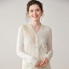 Women’s 100% Cashmere Lace Cardigan Elegant V Neck Knit Cardigan