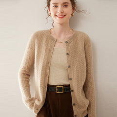 Women’s Cable Knit 100% Cashmere Cardigan Lightweight Crewneck Button Sweater