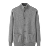 Men’s 100% Cashmere Stand Collar Cardigan Sweater with Pockets