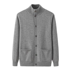 Men’s 100% Cashmere Stand Collar Cardigan Sweater with Pockets