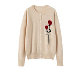 100% Cashmere Rose Embroidered Round Neck Button Sweater Cardigan